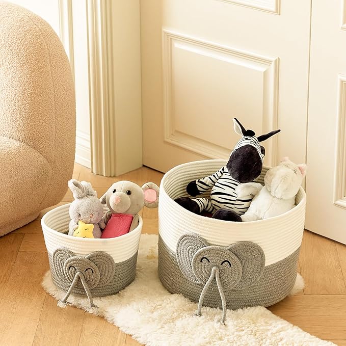 Large Baby Cute Storage Basket for Organizing -Elephant White & Grey 15""x15""x11"", 2024282319065