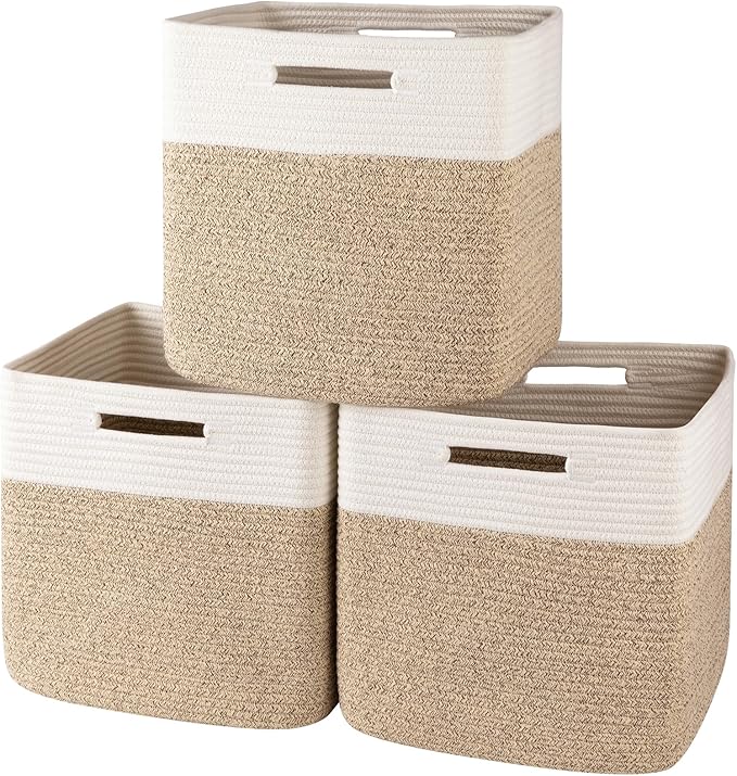 OIAHOMY 13 Kallax Inch Cube Storage Bins, 3-Pack Cotton Rope Woven Baskets for Organizing, Kallax Insert Storage Baskets for Shelves, Baby Nursery, Closet Organizer, 13*13*12.6IN, Brown & White