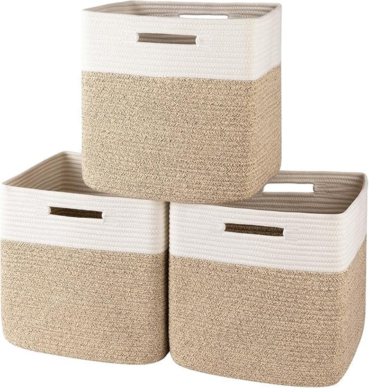 OIAHOMY 13 Kallax Inch Cube Storage Bins, 3-Pack Cotton Rope Woven Baskets for Organizing, Kallax Insert Storage Baskets for Shelves, Baby Nursery, Closet Organizer, 13*13*12.6IN, Brown & White
