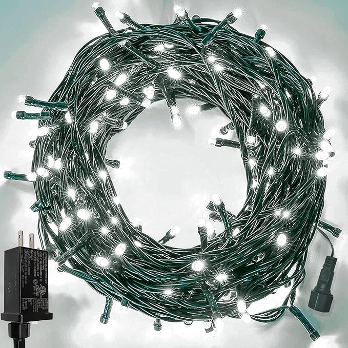 Upgraded 33 FT 100 LED Christmas Lights Outdoor Indoor, Extendable Waterproof White String Lights with Memory Function & Timer & 8 Modes Green Wire for Xmas Tree Holiday Party Garden Decor(Cool White)