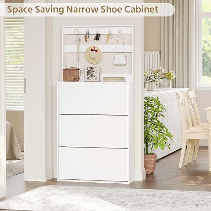 Shoe Cabinet Set of 2 with 3 Flip Drawers, Narrow Shoe Cabinet with 9 Hooks Coat Rack, Freestanding Shoes Storage Cabinets with Adjustable Shelves for Entryway, Hallway, Living Room, White