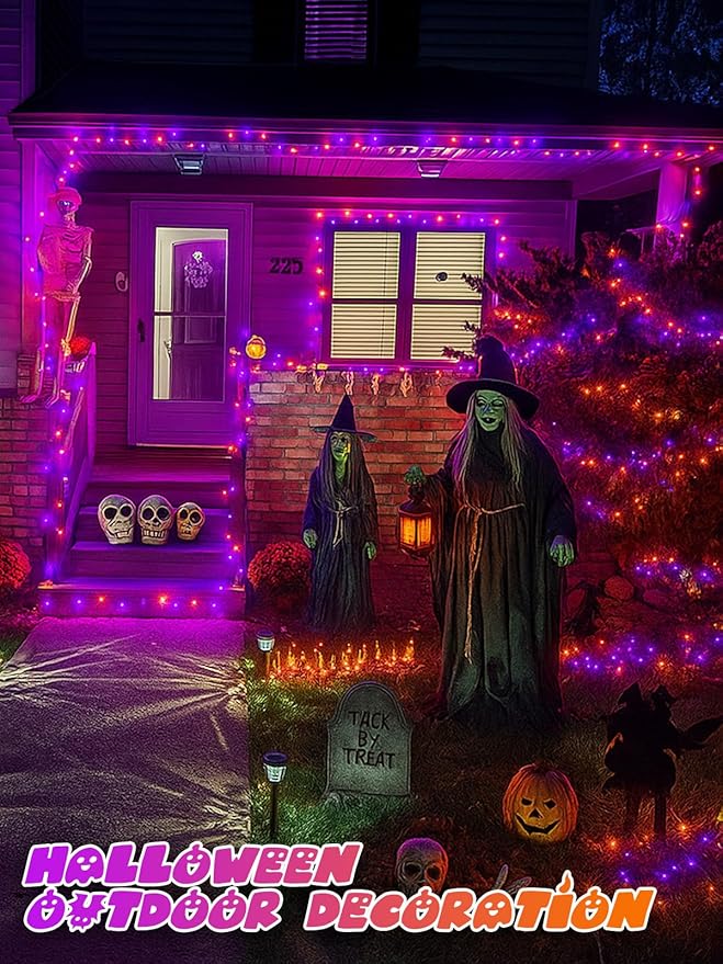 2 Pack Halloween String Lights Battery Operated with Timer, 66FT 200 LED Waterproof Orange and Purple Lights, Twinkle Fairy Light with 8 Modes for Indoor & Outdoor Party Bedroom Halloween Decorations