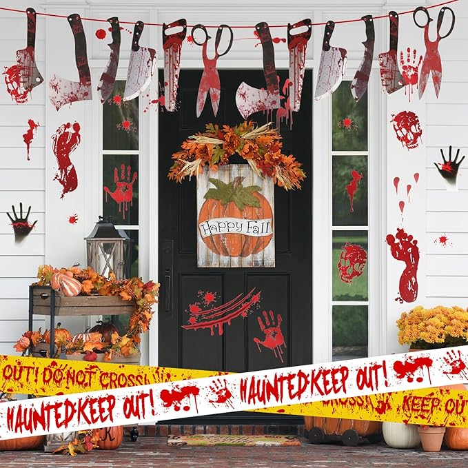 Halloween Decorations, 5 Sheets Wall Decals-Bloody Handprint Stickers, 2 Pack Halloween Banners and 2 PCS Caution Tape Rolls 3inx30ft for Outdoor, Indoor, Party Decor, Haunted Mansion