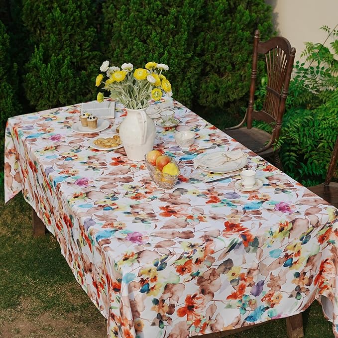 Floral Outdoor Tablecloth, Waterproof Tablecloth for Rectangular Table, Soft Vibrant Farmhouse Table Cover for Dining, Party - Spring/Summer, 54''x72'', Orange Flower