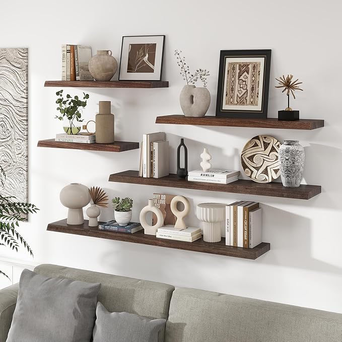 RICHFOCUS Live Edge Elm Floating Shelves - 40" W x 9.3" D Rustic Solid Wood Wall Shelves with Invisible Bracket, Wall-Mounted for Living Room, Bedroom, Kitchen Storage & Display, Set of 2, Walnut