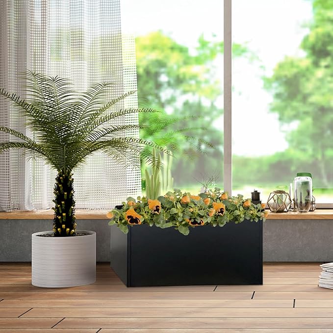 Galvanized Steel Planter Black Metal Outdoor Planter Powder Coated 32" x 12" x 16" Pot Metallic Heavy Pot Indoor & Outdoor, Commercial & Residential (L32 x W12 x D16, Black)