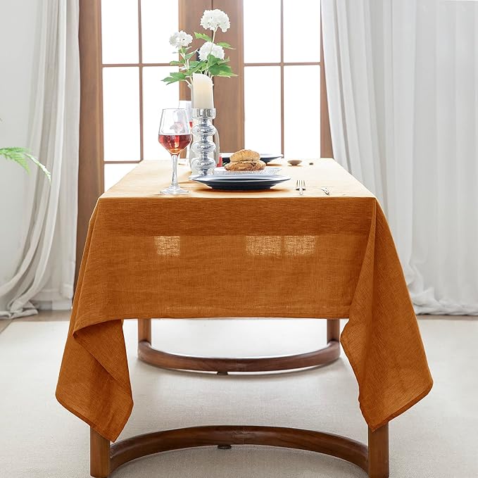 EVERLY 100% Pure Linen Rectangle Tablecloths 60x120Inches for Dining,Buffet Parties,Picnic,Events,Weddings and Restaurants,Decorative Halloween,Thanksgiving Machine Washable Tablecloths-Caramel