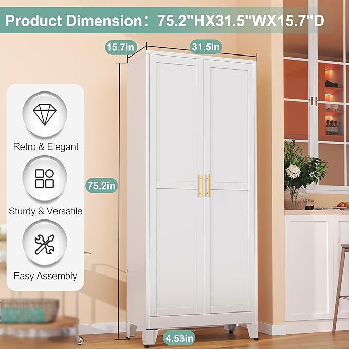 Metal Pantry Cabinet with 2 Doors and 5 Adjustable Shelves, 75" Kitchen Storage cabinets with Gold Handles, Versatile Storage for Laundry Room, Living Room, Bathroom, Dinning Room, Utility Room-White