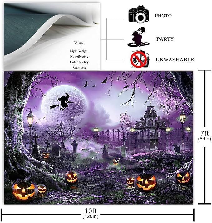 Avezano Halloween Photography Backdrop Full Moon Scary Night Castle Pumpkins Party Background Spooky Witch Bats Cemetery Child Kids Halloween Party Decorations Photoshoot Backdrops (10x7ft, Purple)
