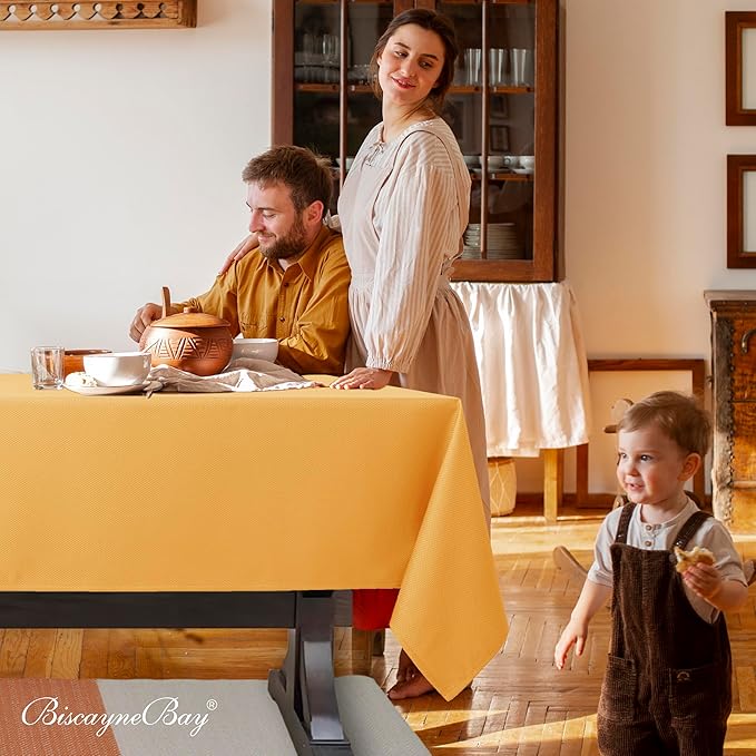 Biscaynebay Fall Tablecloth Textured Fabric 52x70 Inch Rectangular, Fall Gold Thanksgiving Autumn Harvest Water Resistant Fabric Tablecloths for Kitchen, Dining, Wedding, Parties Machine Washable
