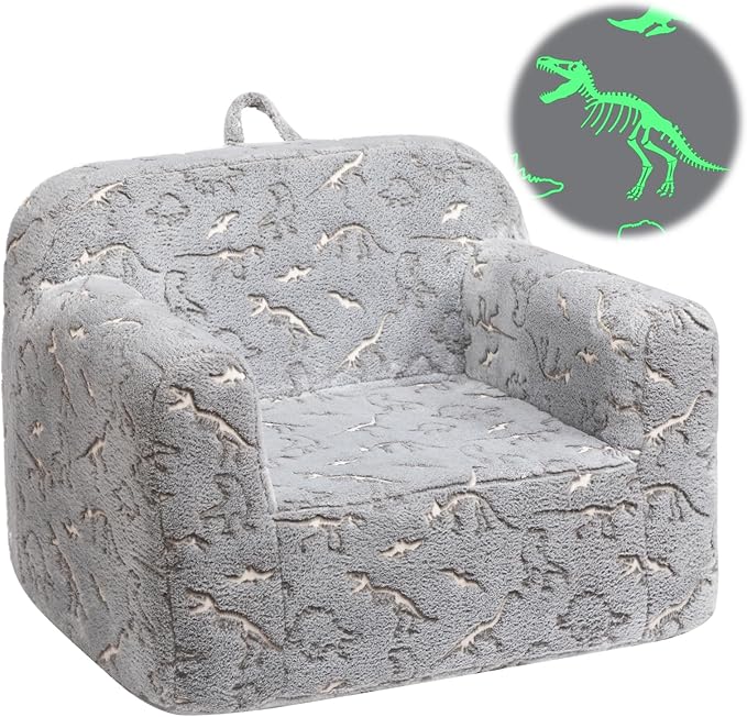 ALIMORDEN Kids Ultra-Soft Snuggle Foam Filled Chair, Glow-in-The-Dark Dinosaurs Fossil Pattern Toddler Cuddly Sherpa Reading Couch for Boys and Girls