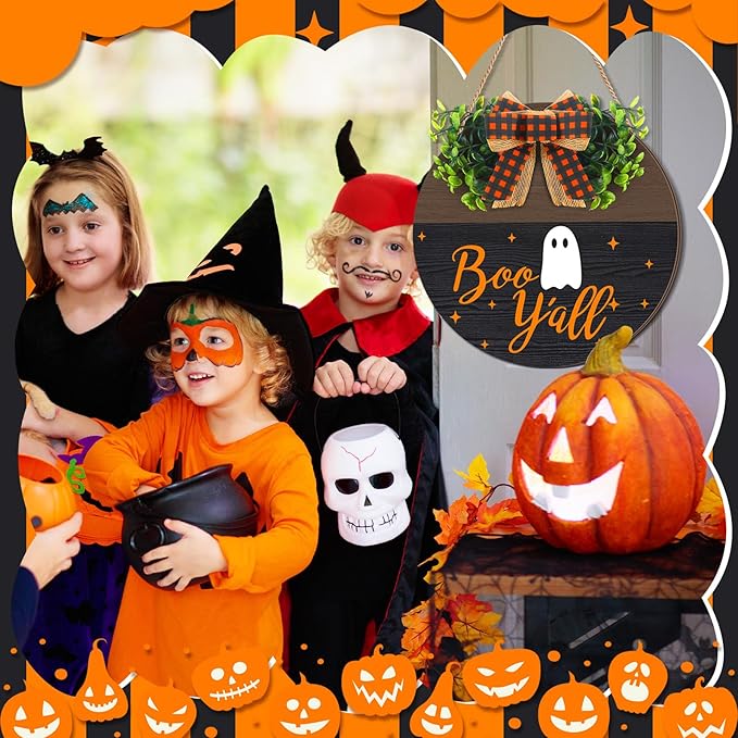 Halloween Sign for Front Door Halloween Wooden Hanging Sign Boo Ghost Sign with Bow Halloween Door Wreath Hanger for Front Porch Outdoor Home Wall Decor