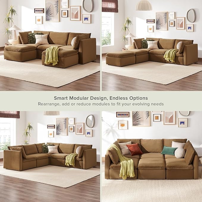 mopio Oversized Modular Sectional Sofa with Fully Removable Covers and Storage, Convertible U, L-Shaped and Sleeper Sectional, Modern Couches with Ottoman Chaise (Hazelnut Velvet, 5 Seats, U)