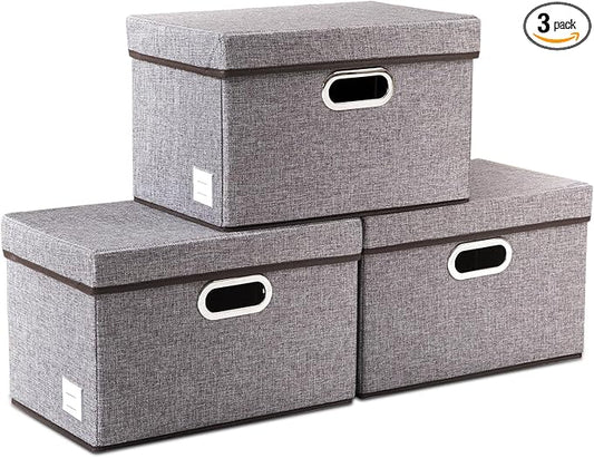 PRANDOM Foldable Storage Boxes with Lids [3-Pack] Linen Fabric Collapsible Storage Bins Organizer Containers Baskets Cube with Cover for Home Bedroom Closet Office Nursery (14.9x9.8x9.8)