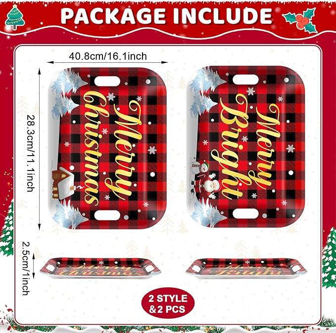 gisgfim 2PCS Christmas Serving Tray with Handles 16 X 11 Inch Large Melamine Platters Serving Dishes Rectangular Buffalo Plaid Xmas Tree Winter Holiday Food Trays for Snack Cookie Candy Dessert Plates