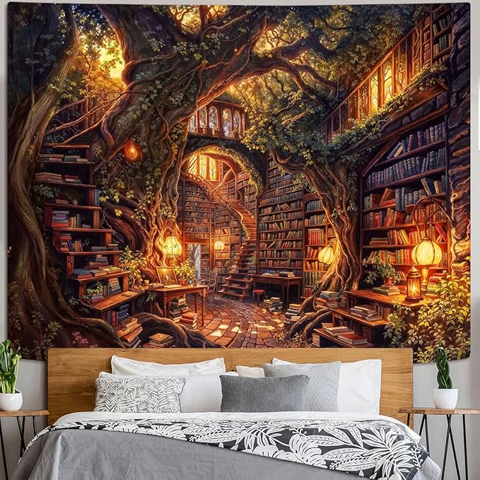 Accnicc Forest Library Tapestry Tree Bookshelf Tapestries Wall Hanging Vintage Fantasy Fairy Treehouse Book Large Tapestry for Bedroom Living Room Dorm Classroom 80 x 60 inch