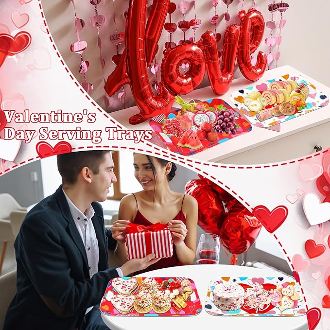 gisgfim 2Pcs Valentine Serving Trays 16.1 X 11.1 Inch Large Melamine Pink Red Heart Trays Platters with Handles Sweet Love Food Trays for Snacks Birthday Wedding Engagement Party Decorations