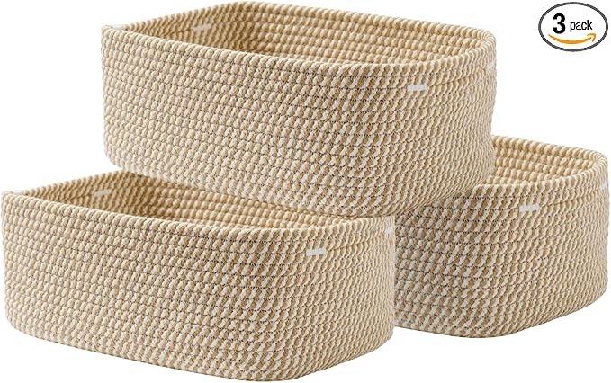 Small Woven Basket, 13.5 x 9.5 x 5 Inches, Storage Basket for Organizing, Cute Small Rope Shelf Closet Cube Storage Bins Baskets for Shelves, Dog Toy Gift Baskets Empty, 3 Pack Brown