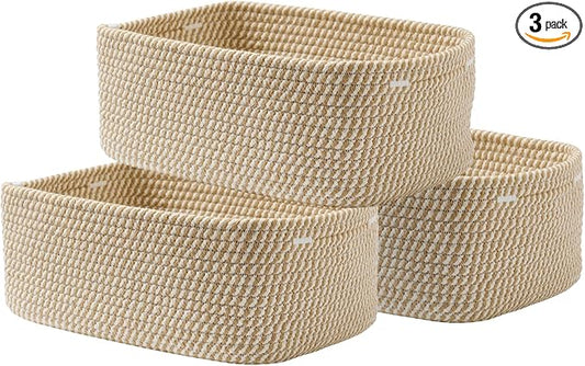 Small Woven Basket, 13.5 x 9.5 x 5 Inches, Storage Basket for Organizing, Cute Small Rope Shelf Closet Cube Storage Bins Baskets for Shelves, Dog Toy Gift Baskets Empty, 3 Pack Brown