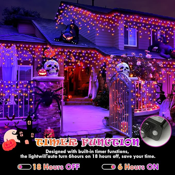 Heceltt Halloween Lights Outdoor, Orange and Purple 39FT 480LED Halloween String Lights with 90 Drops, 8 Modes Timer Memory Function, Night Light for House Roof Party Decor