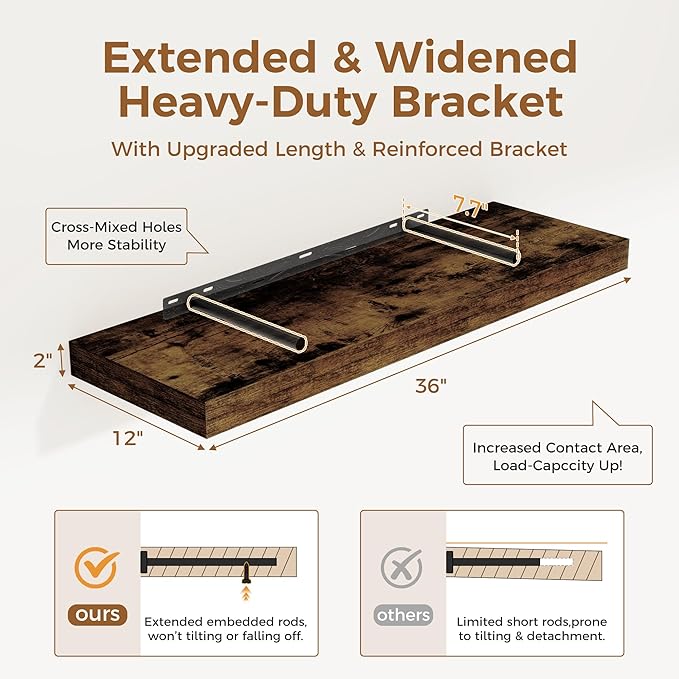 Floating Shelves 36 Inch Long, 12 Inch Deep Floating Shelves for Wall, 36 x 12 Shelves for Wall Storage & Display, 2" Thick Floating Shelf for Bathroom, Living Room, Rustic Brown Color, Set of 2