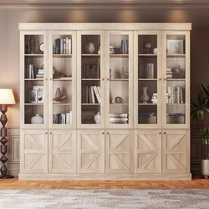 Vyre 71" Tall Farmhouse Bookshelves with Glass Doors, Set of 3 – Large Modular Bookcase with Adjustable Shelves, Storage Cabinet for Living Room, Kitchen, Home Office, Brown