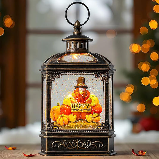 10.5'' Fall Snow Globe Lantern - Thanksgiving Glittering Lighted Water Lantern, Fall Decorations Autumn Harvest Day Gifts, Home Fall Halloween Decor (Turkey & Pumpkins)
