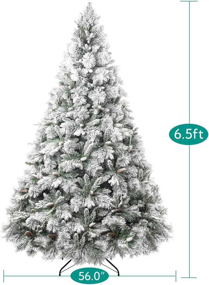Glasgow 6.5ft Frosted Prelit Artificial Christmas Tree with Pine Cones, Foot Pedal, 1040 Branch Tips, 650 Warm Lights & Metal Stand, 56" Wide Realistic Snow Flocked Pine Christmas Tree with Lights
