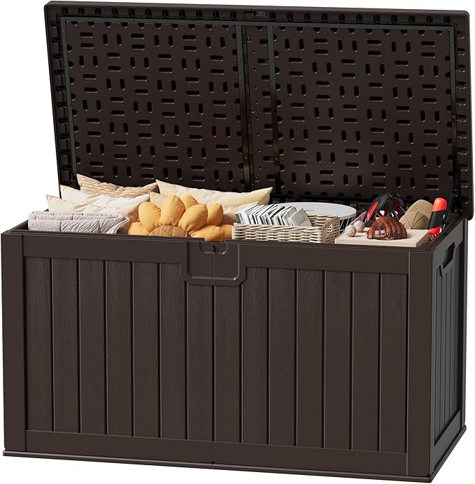 JUMMICO 250 Gallon Outdoor Resin Deck Box with Divider, Waterproof Storage Box with Lockable Lid&Side Handles for Garden Tools, Pools Supplies (Brown)