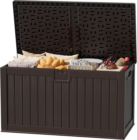 JUMMICO 250 Gallon Outdoor Resin Deck Box with Divider, Waterproof Storage Box with Lockable Lid&Side Handles for Garden Tools, Pools Supplies (Brown)