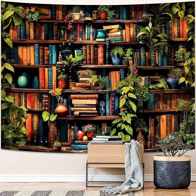 Accnicc Botanical Bookshelf Tapestry Lush Green Plant Book Shelf Tapestries Wall Hanging Art Vintage Retro Potted Plants Academics Library Book Tapestry for Bedroom Living Room Dorm 80 x 60 inch