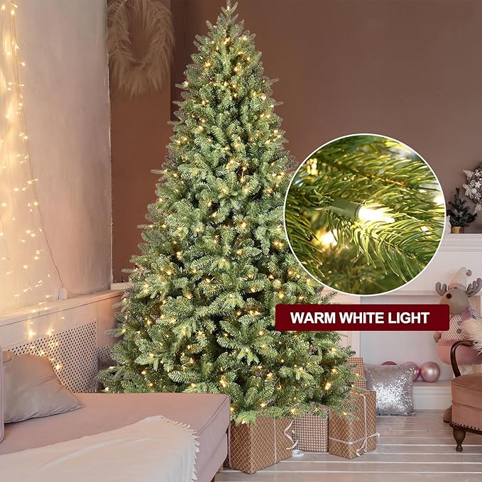 9FT Pre-Lit Artificial Christmas Tree with 3658 PE&PVC Mixed Branch Tips, 850 Warm White Lights, Hinged Premium Spruce Fake Xmas Trees, Green, Foldable Base