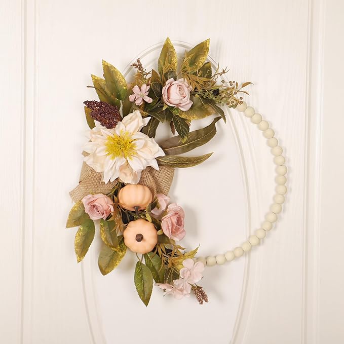 Fall Wreaths for Front Door, Autumn Wreath with Pumpkins, Berries and Leaves for Indoor Outdoor Porch Thanksgiving Farmhouse Harvest Halloween Home Décor (Pink Pumpkin)