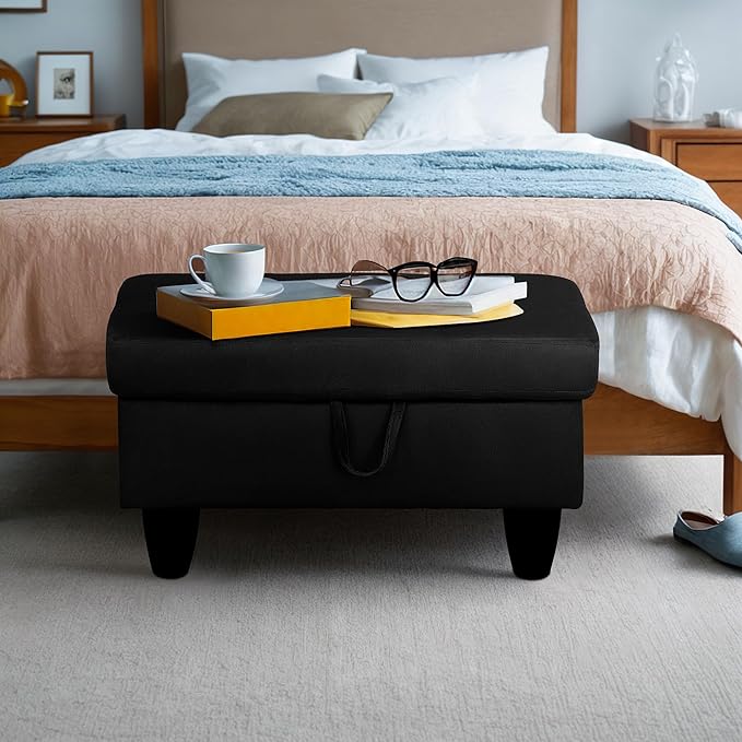 Ottoman Rectangular Storage Ottoman Bench, Flannel Footrest Stool Footstool with Lid for Living Room, Bedroom, Entryway, Black, 28.5"x19"x17.5"