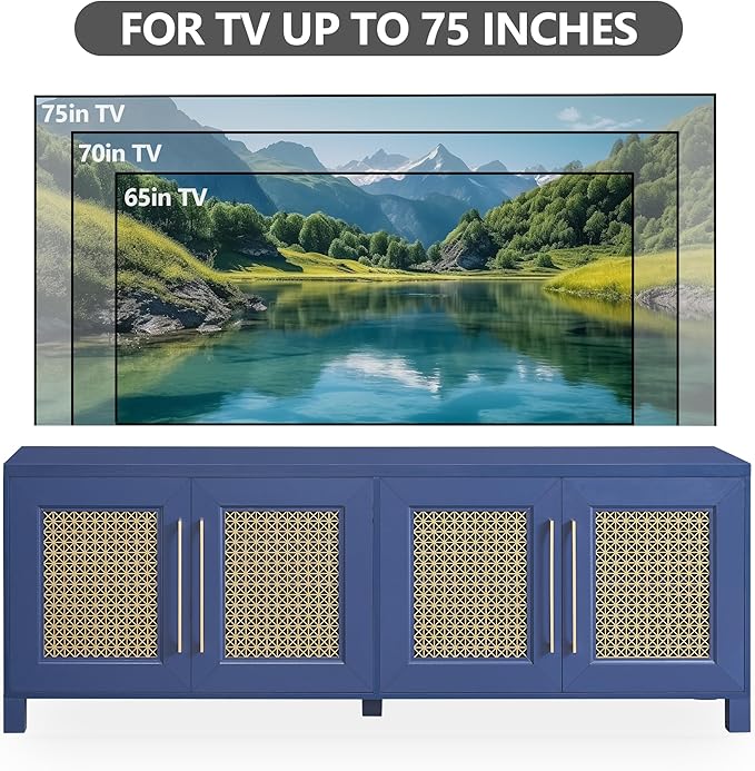 JYED Mid Century Modern TV Stand for TVs up to 75", 69.5" W Blue Entertainment Center with 4 Gold Metal Mesh Doors - Wood Grain MDF TV Console, Media Storage