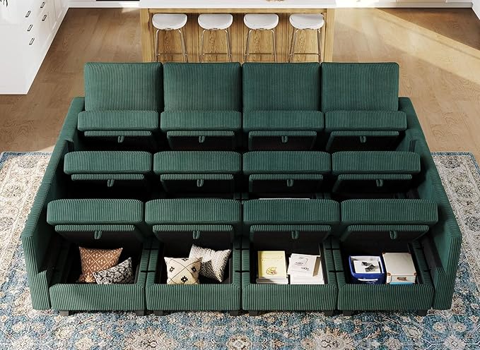 Belffin Oversized 12 Seat Modular Sectional Sleeper Sofa Convertible Sleeper Sectional Sofa with Storage Seat Large Corduroy Modular Couch for Living Room Green