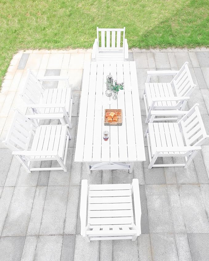 7 Pieces HDPE Outdoor Dining Set, Patio Dining Set with Umbrella Hole, All Weather Outdoor Dining Table Sets for 6, HDPE Patio Furniture Sets for Deck, Backyard, Lawn, and Poolside, Pearl