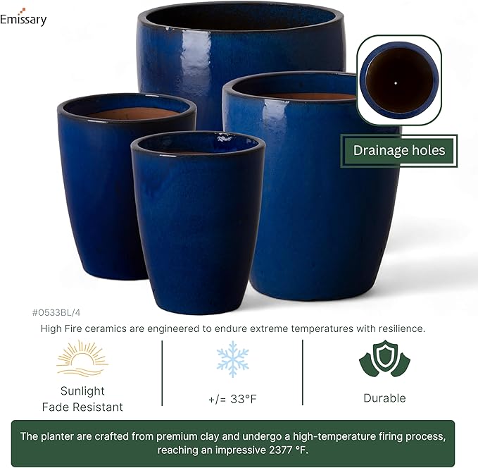 Emissary Bullet 18 in. Blue Ceramic Round Planter (18 in. L x 18 in. W x 21 in. H) with Drainage Hole