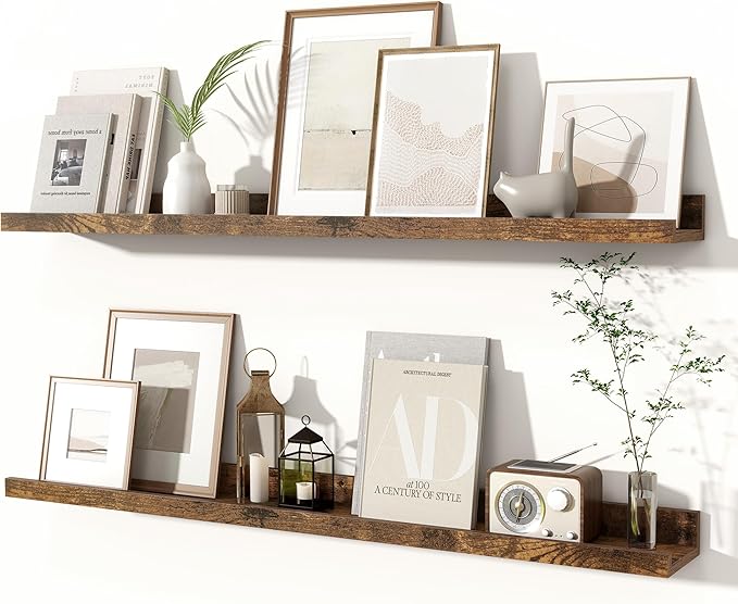 Fun Memories Picture Ledge Shelves Set of 2, 36 Inch Rustic Wall Mounted Floating Shelves with Lip for Home Storage and Décor in Bathroom, Kitchen, Nursery, Bedroom, Living Room, Brown