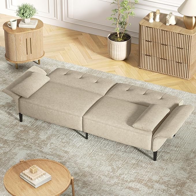 89” Futon Sofa Bed, Velvet Fabric Comfy Futon Couch Bed with 2 Square Pillows, Convertible Sleeper Sofa with Adjustable Backrest& Armrests, Modern Loveseat Sleeper for Living Room, Beige