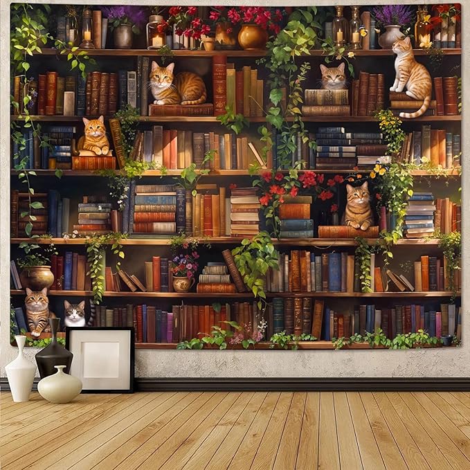 Accnicc Plant Cat Bookshelf Tapestry Botanical Floral Flower Cats Book Tapestries Wall Hanging Vintage Library Large Tapestry for Bedroom Living Room Dorm 80 x 60 inch