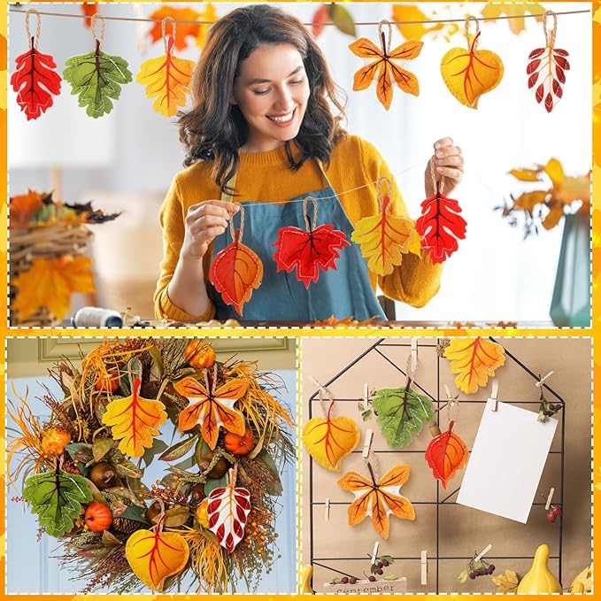 24 Pcs Fall Tree Ornaments Thanksgiving Tree Decoration 3D Felt Maple Leaf Pumpkin Hanging Ornaments for Farmhouse Harvest Autumn Fall Decorations(Maple Leaf)