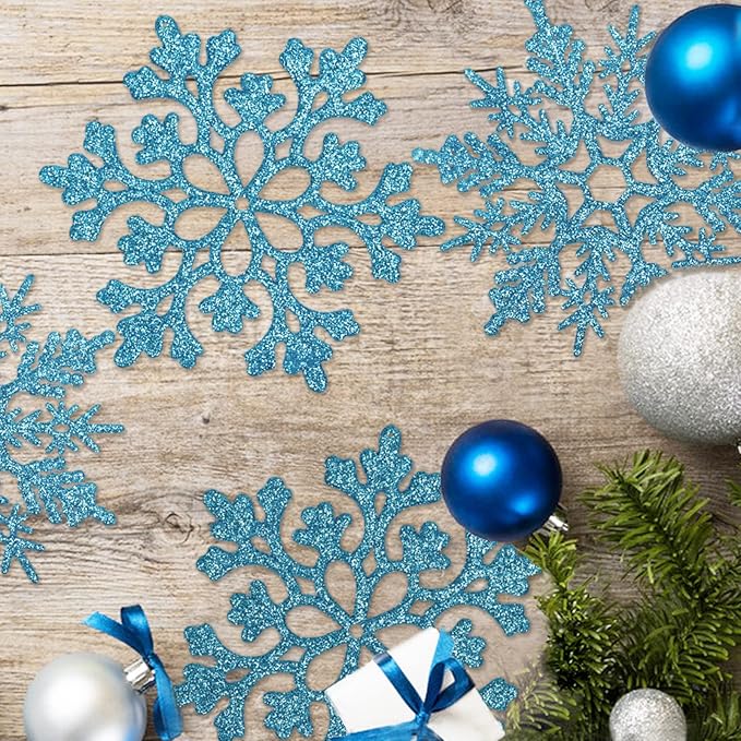 6pcs Large Snowflakes Ornaments Blue 12” Big Plastic Glitter Snowflake for Winter Indoor Outdoor Christmas Tree Window Room Decorations Giant Craft Snowflakes