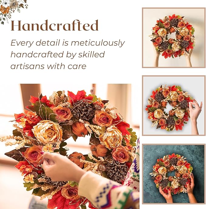 22" Fall Harvest Mixed Wreath - Premium Handcraft Fall Wreaths for Front Door | Perfect for Autumn & Thanksgiving Decor