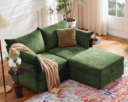 Luxury Modular Sectional Sofa, L-Shaped 3-Seat Couch with Storage Ottoman Deep Seat & Reversible Chaise Lounge Chenille Green for Compact Spaces, Apartments, Dorm