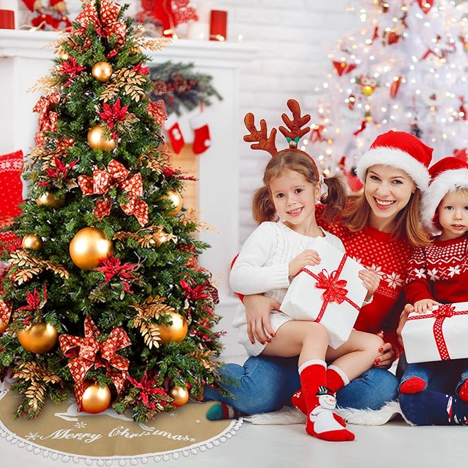 48 Inch Christmas Tree Skirt, Burlap Linen Color Christmas Rustic Tree Skirt with Elk Deer and White Snowflake Printed for Holiday Party Xmas Tree Decoration