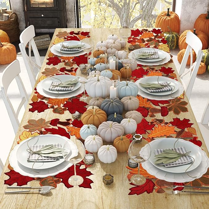 Fall Placemats Set of 6 Thanksgiving Place Mats Fall Autumn Maple Leaf Embroidered Placemats 11 x 17 Inch Thanksgiving Table Place Mats Decorations for Home Dinning Kitchen Autumn Harvest