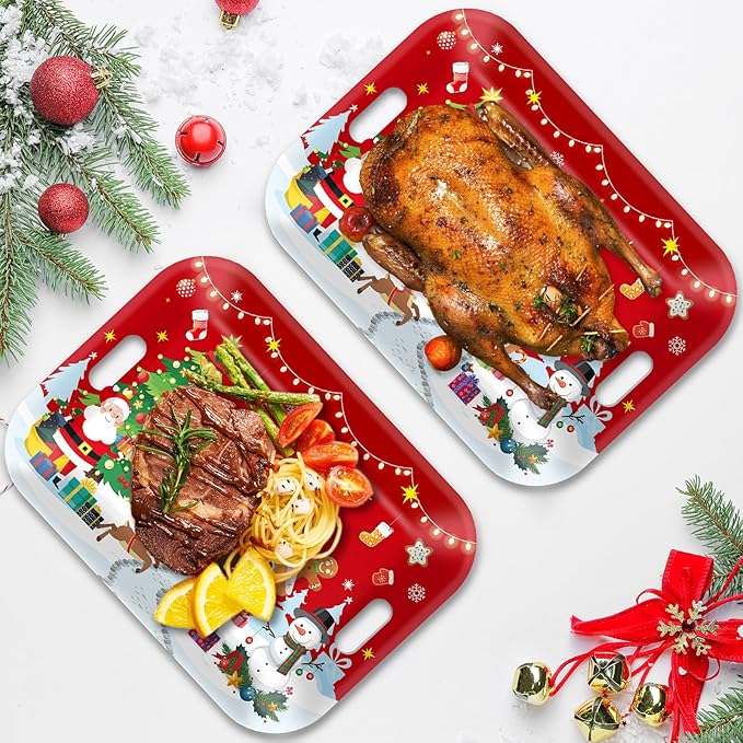 gisgfim 2PCS Christmas Serving Tray with Handles 16 X 11 Inch Large Melamine Platter Serving Dishes Rectangular Xmas Tree Santa Snowman Gingerbread House Food Tray for Snack Cookie Candy Dessert Plate