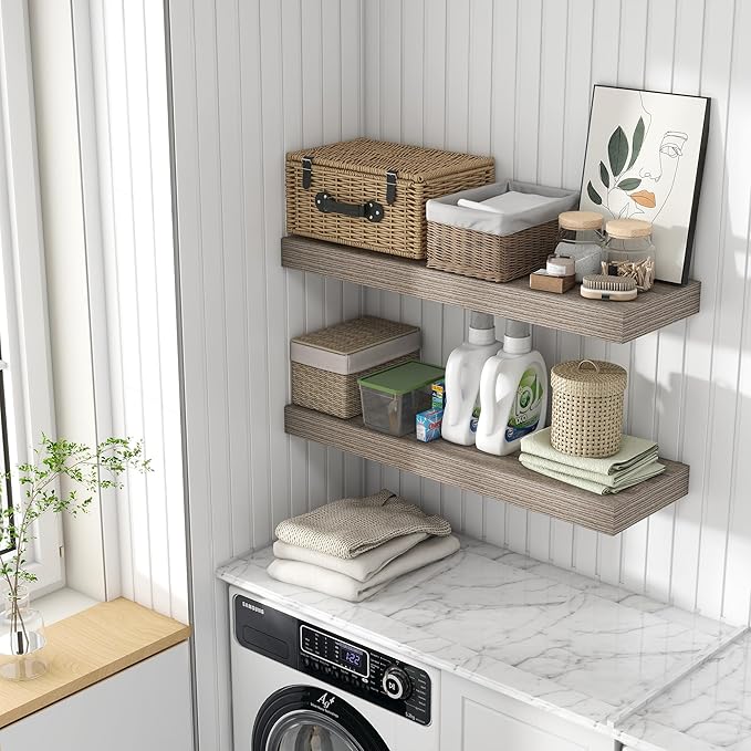 Deep Floating Shelves for Wall, 36W x 12D Rustic Large Floating Shelves Set of 2, 12'' Deep Grey Wood Floating Shelves for Living Room Bathroom Laundry Room Bedroom Kitchen Home Office - Grey