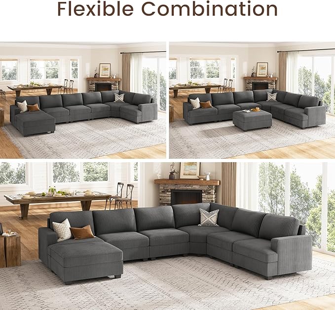 Nolany Dark Grey Corduroy U Shape Modular Sectional Couch with Storage Ottoman, 72.9"D x 128.5"W x 35"H, 6 Seater, Plush, Easy Assembly